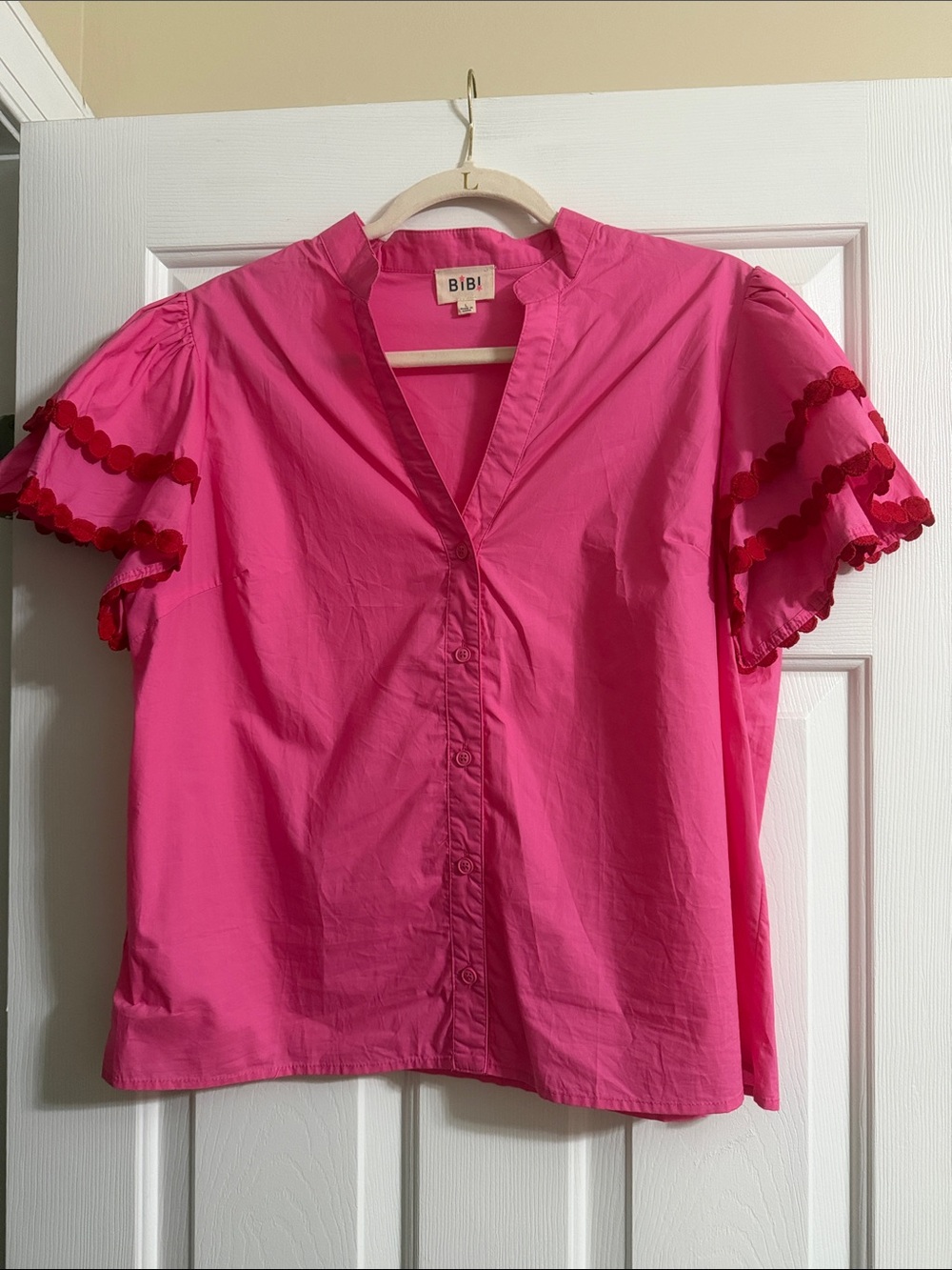 Bibi Women's Pink and Red Flutter Sleeve Button Down V Neck Blouse Size Large
